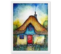 Artery8 The Thatched Cottage Folk Art Artwork Framed A3 Wall Art Print