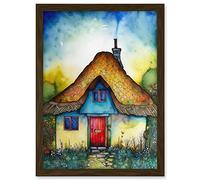 Artery8 The Thatched Cottage Folk Art Artwork Framed A3 Wall Art Print