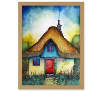 The Thatched Cottage Folk Art Artwork Framed Wall Art Print A4 Artery8 Light Oak One Size