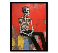Artery8 The Thinker By Ryan Ramirez Posed Skeleton Oil Painting Portrait Bones Red Halloween Art Print Framed Poster Wall Decor | Size: W12" x H16" Artery8 Black W12" x H16"