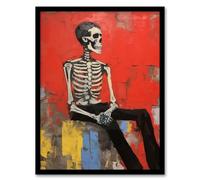 Artery8 The Thinker By Ryan Ramirez Posed Skeleton Oil Painting Portrait Bones Red Halloween Artwork Framed Wall Art Print 18X24 Inch