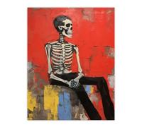 Artery8 The Thinker By Ryan Ramirez Posed Skeleton Oil Painting Portrait Bones Red Halloween Large Wall Art Poster Print Thick Paper 18X24 Inch