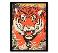 Artery8 The Tiger Pounces Risograph Artwork Orange Grey Yellow Painting Artwork Framed Wall Art Print A4