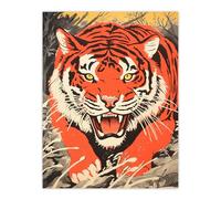 Artery8 The Tiger Pounces Risograph Artwork Orange Grey Yellow Painting Extra Large XL Wall Art Poster Print