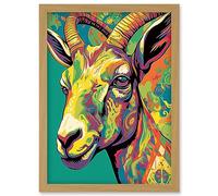 Artery8 The Trippy Goat Psychedelic Portrait Vibrant Colourful Patterns Modern Pop Art Artwork Framed Wall Art Print A4