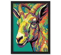 Artery8 The Trippy Goat Psychedelic Portrait Vibrant Colourful Patterns Modern Pop Art Artwork Framed Wall Art Print A4