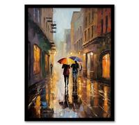 Artery8 The Yellow Brolly Colourful Oil Painting Couple On Romantic Walk Umbrellas Rainy Afternoon Bedroom Art Artwork Framed Wall Art Print A4