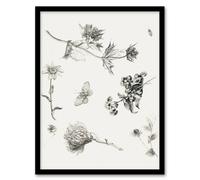 Artery8 Theo van Hoytema Framed Wall Art Flowers Leaves & Butterfly Drawing in White | Size: A3 Artery8 White A3