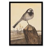 Artery8 Theo van Hoytema Framed Wall Art Print Wagtail Bird Perched on Pole in Brown | Size: A3 Artery8 Brown A3
