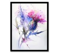 Thistle Flower Violet Pink Green Soft Watercolour Framed Art Print Artery8 Purple A4