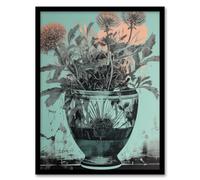 Artery8 Thistle Flowers In Vase Artistic Linocut Painting Turquoise Blue Pink Scottish Bouquet Nature Colourful Bright Floral Modern Artwork Artwork Framed Wall Art Print 18X24 Inch