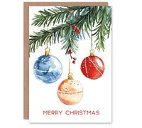 Artery8 Three Baubles Hanging From Tree Watercolour Christmas Greeting Card Artery8 Multicolor