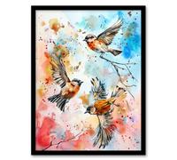 Artery8 Three Birds in Flight Watercolour Painting Framed Art Print in Blue | Size: A4 Artery8 Blue A4