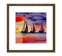 Artery8 Three Boats Sailing Along the Horizon at Sunset Seascape Watercolour Painting Pinks Purple Square Wooden Framed Wall Art Print Picture 8X8 Artery8 Brown