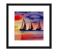 Artery8 Three Boats Sailing Along the Horizon at Sunset Seascape Watercolour Painting Pinks Purple Square Wooden Framed Wall Art Print Picture 8X8 Artery8 Black