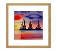 Artery8 Three Boats Sailing Along the Horizon at Sunset Seascape Watercolour Painting Pinks Purple Square Wooden Framed Wall Art Print Picture 8X8 Inch