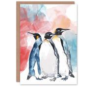 Artery8 Three Penguins Colourful Animal Watercolour Birthday Art Card Artery8 Multicolor