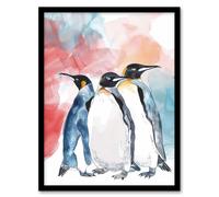 Artery8 Three Penguins Colourful Animal Watercolour Living Room Artwork Framed Wall Art Print A4