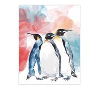 Artery8 Three Penguins Colourful Animal Watercolour Living Room Extra Large XL Wall Art Poster Print