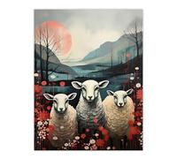 Artery8 Three Sheep Pink Blue Floral Scottish Landscape Extra Large XL Wall Art Poster Print
