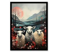 Artery8 Wall Art Print Three Sheep Pink Blue Floral Scottish Landscape Framed | Size: A4 Artery8 Multicolor A4