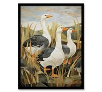 Artery8 Three Wild Geese Stylised Oil Painting Grey Orange Green Pastel Colour Birds in Sweet Flag Plant Countryside Landscape Artwork Framed Wall Art Print 18X24 Inch