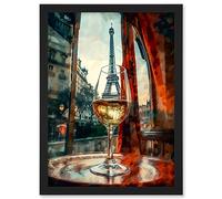 Artery8 Through the Wine Glass Oil Painting Paris France Eiffel Tower View from Glass Window Artwork Framed A3 Wall Art Print
