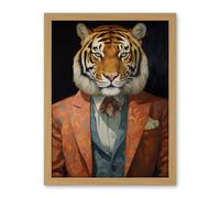Artery8 Tiger About Town Artwork Coral Pink and Cerulean Blue Suit Conceptual Portrait Artwork Framed Wall Art Print 18X24 Inch