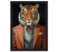 Artery8 Tiger About Town Artwork Coral Pink and Cerulean Blue Suit Conceptual Portrait Artwork Framed Wall Art Print A4