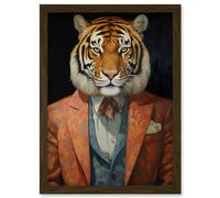 Artery8 Tiger About Town Artwork Coral Pink and Cerulean Blue Suit Conceptual Portrait Artwork Framed Wall Art Print A4