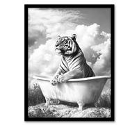 Tiger Bathtub Black White Surreal Big Cat Lover Framed Art Print Artery8 Grey A4