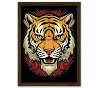 Artery8 Tiger Head Old School USA Tattoo Ink Body Art Rockabilly Americana 50s Artwork Framed A3 Wall Art Print