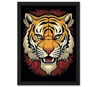 Artery8 Tiger Head Old School USA Tattoo Ink Body Art Rockabilly Americana 50s Artwork Framed A3 Wall Art Print