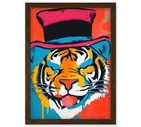 Artery8 Tiger Head Wearing Pink Top Hat Modern Pop Art Artwork Framed Wall Art Print A4