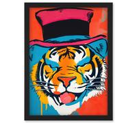 Artery8 Tiger Head Wearing Pink Top Hat Modern Pop Art Wall Art Print - A4 Size
