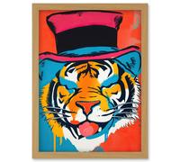 Artery8 Tiger Head Wearing Pink Top Hat Modern Pop Art Artwork Framed Wall Art Print A4