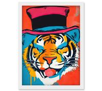 Tiger Head Wearing Pink Top Hat Modern Pop Art Artwork Framed Wall Art Print A4 Artery8 White One Size