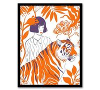 Artery8 Tiger Lady Jungle Flowers Orange Simple Bright For Living Room Artwork Framed Wall Art Print 18X24 Inch