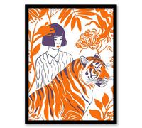 Artery8 Wall Art Print Tiger Lady Jungle Flowers Orange Simple Bright Art Framed Poster in Black | Size: A4 Artery8 Black A4