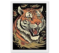 Artery8 Tiger Portrait Old School USA Tattoo Ink Body Art Rockabilly Americana 50s Artwork Framed Wall Art Print A4