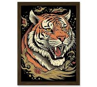 Artery8 Tiger Portrait Old School USA Tattoo Ink Body Art Rockabilly Americana 50s Artwork Framed Wall Art Print A4