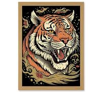 Artery8 Tiger Portrait Old School USA Tattoo Ink Body Art Rockabilly Americana 50s Artwork Framed Wall Art Print A4
