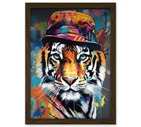 Artery8 Tiger Wearing a Bucket Hat Vibrant Multicoloured Artwork Framed A3 Wall Art Print