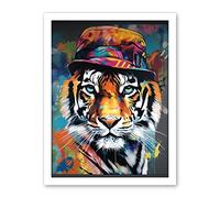 Artery8 Tiger Wearing a Bucket Hat Vibrant Multicoloured Artwork Framed Wall Art Print 18X24 Inch