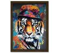 Artery8 Tiger Wearing a Bucket Hat Vibrant Multicoloured Artwork Framed Wall Art Print A4