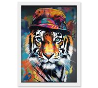 Tiger Wearing a Bucket Hat Vibrant Multicoloured Artwork Framed Wall Art Print A4 Artery8 White One Size