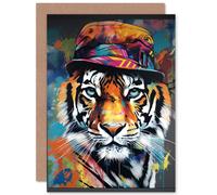 Tiger Wearing a Bucket Hat Vibrant Multicoloured Funny Animals Birthday Sealed Greeting Card Plus Envelope Blank inside