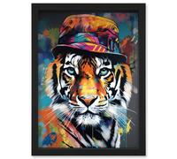 Artery8 Tiger Wearing a Bucket Hat Vibrant Multicoloured Artwork Framed Wall Art Print A4