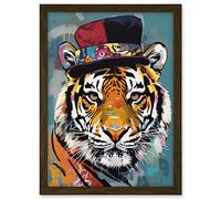Artery8 Tiger Wearing Soft Felt Top Hat Modern Folk Art Artwork Framed A3 Wall Art Print