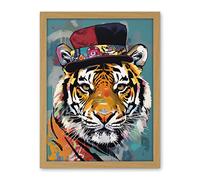 Artery8 Tiger Wearing Soft Felt Top Hat Modern Folk Art Artwork Framed Wall Art Print 18X24 Inch